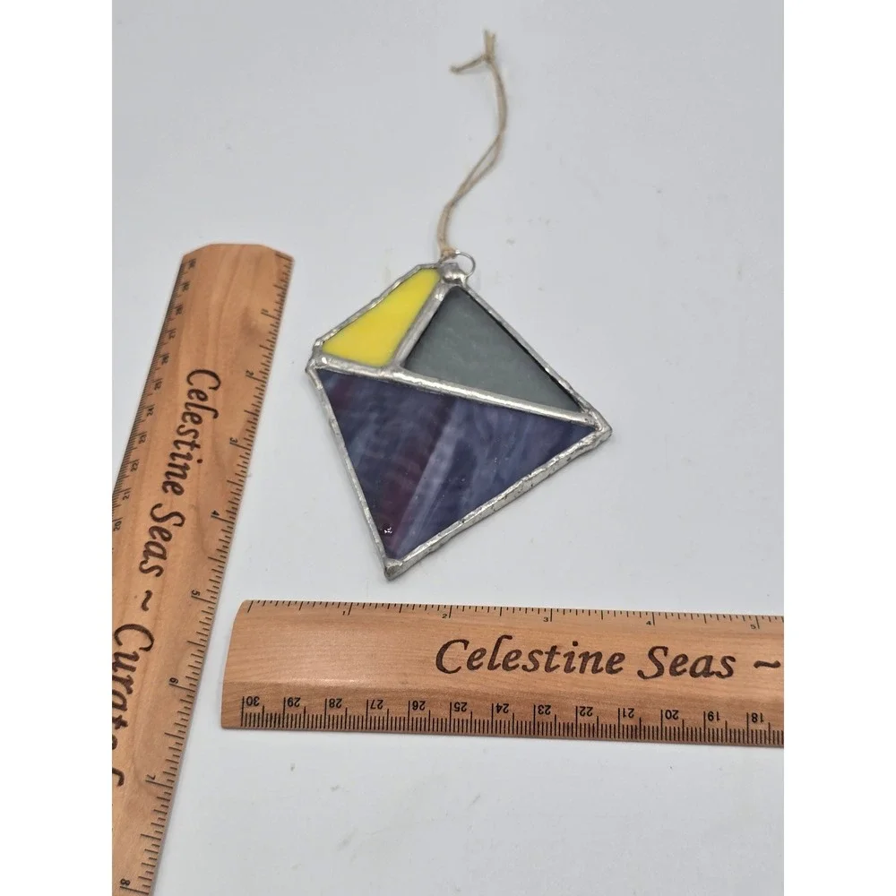 Handmade Stained Glass Geometric Suncatcher Ornament Purple Yellow Grey Abstract